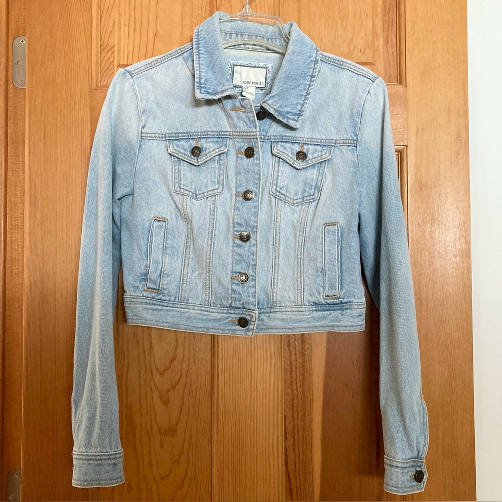 Forever 21 Cropped Denim Jacket, Size: M, Color: Light Blue